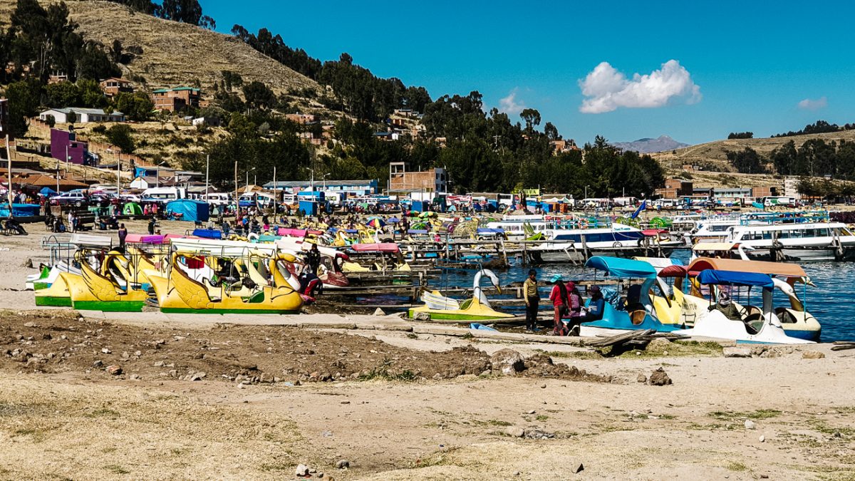 local boats at the shores of Lake Titicaca in Copacabana bolivia 