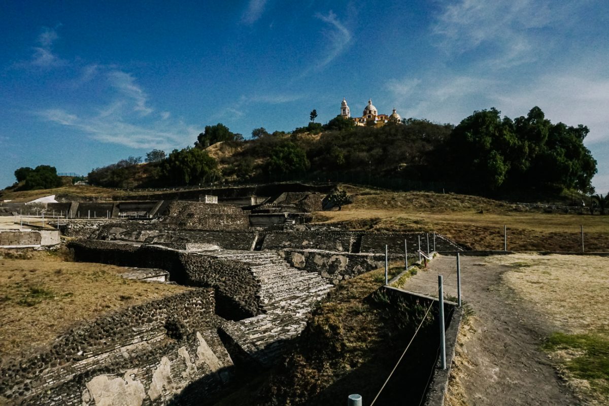 Remains of Cholula, the largest pyramid in the world with dimensions of 450m × 450m.