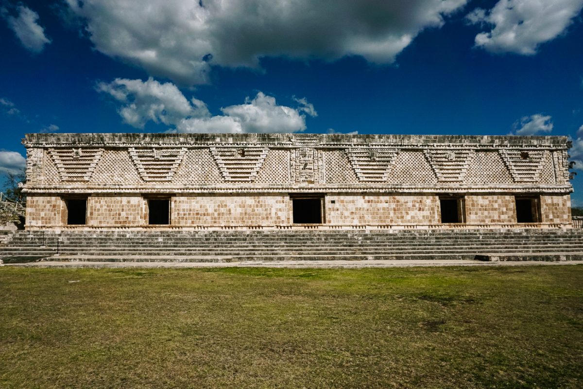 Palace with mozaik work in Uxmal, the best Maya ruins to visit near Mérida in Mexico.