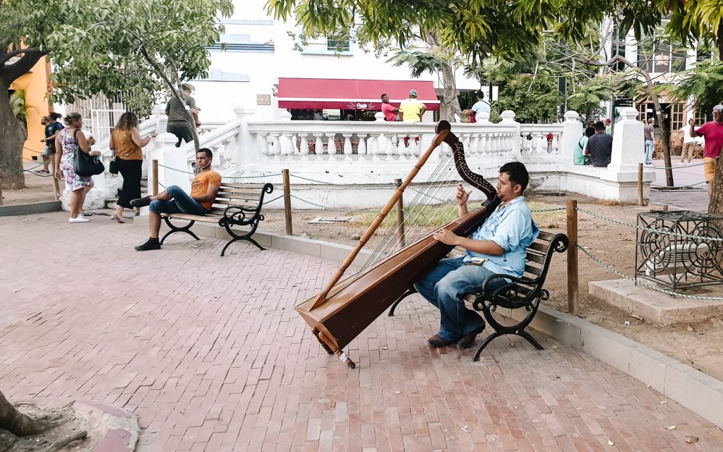 Muzikant op Parque de los Novios in Santa Marta Colombia.