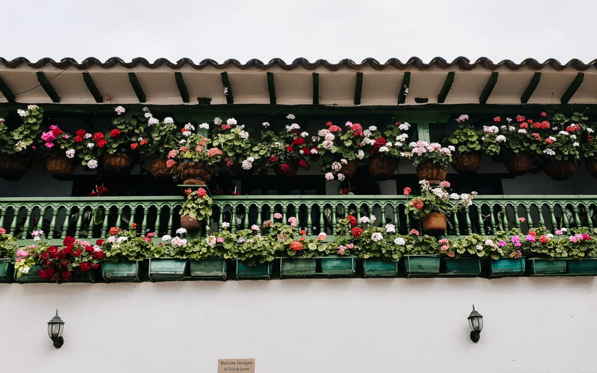 Balcony with flowers in Villa de Leyva Colombia.
