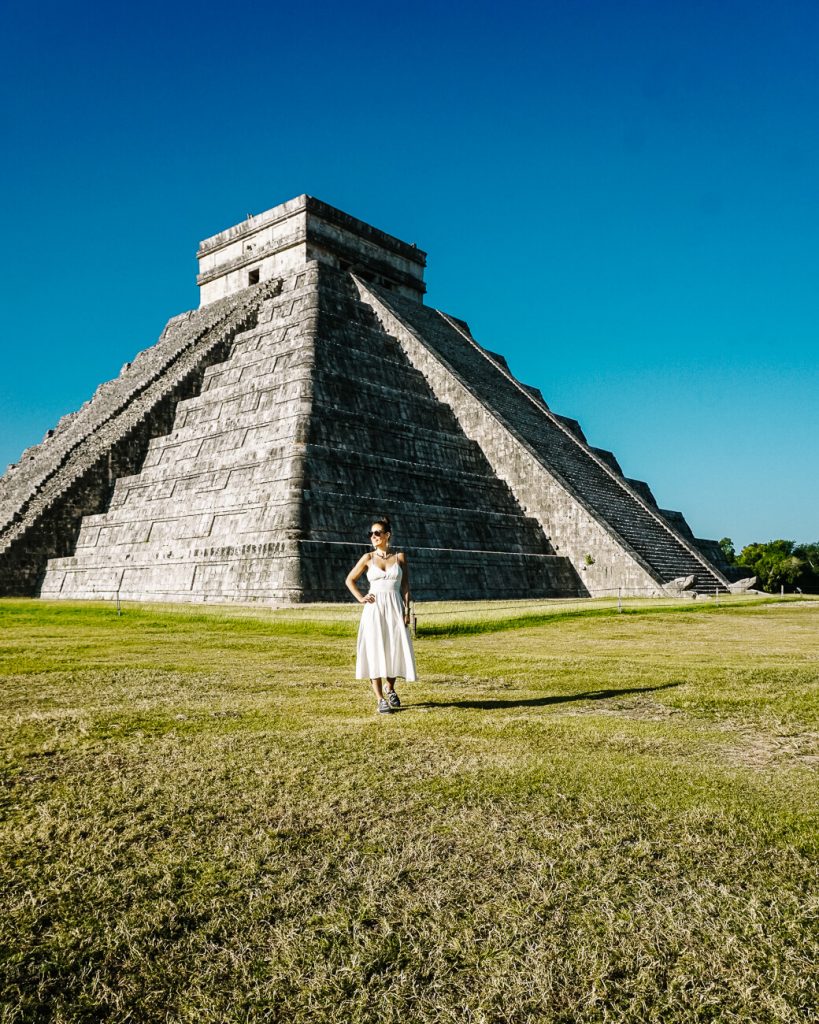 Deborah in front of Chichen Itza pyramid, highlight of Mexico itinerary 3 weeks
