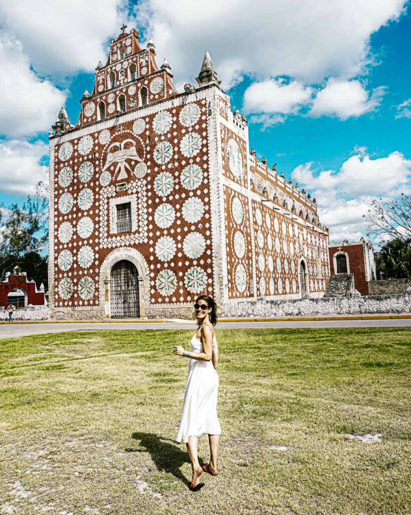 Deborah in front of Uayma church, one of the best things to do in valladolid mexico