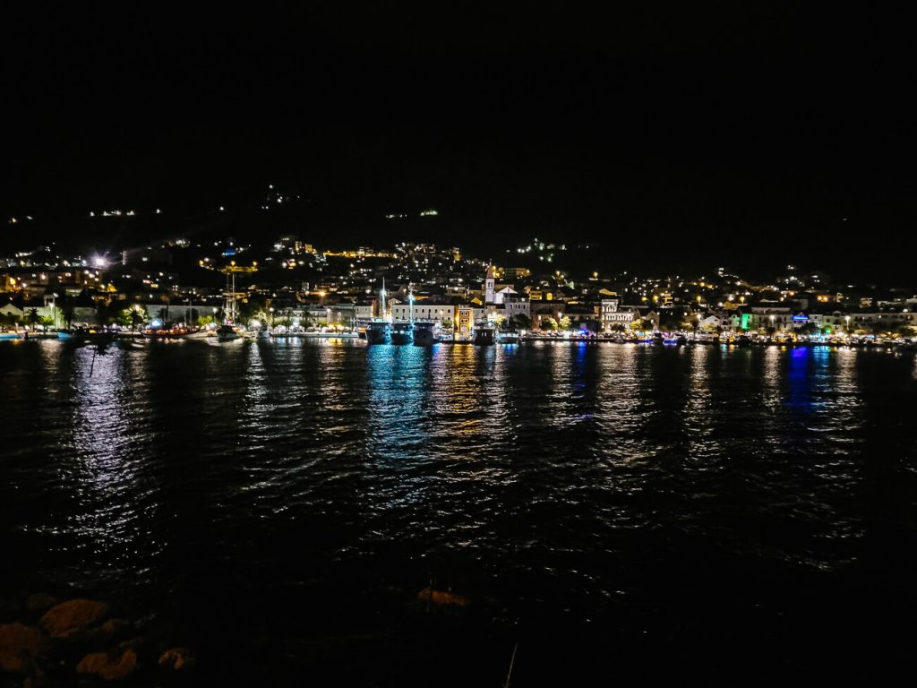 view from St Peter monument on Makarska lighted bay by night