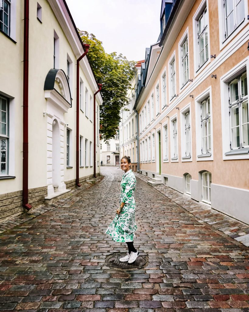 Deborah in Tallinn's medieval streets, one of the best things to do in Tallinn Estonia