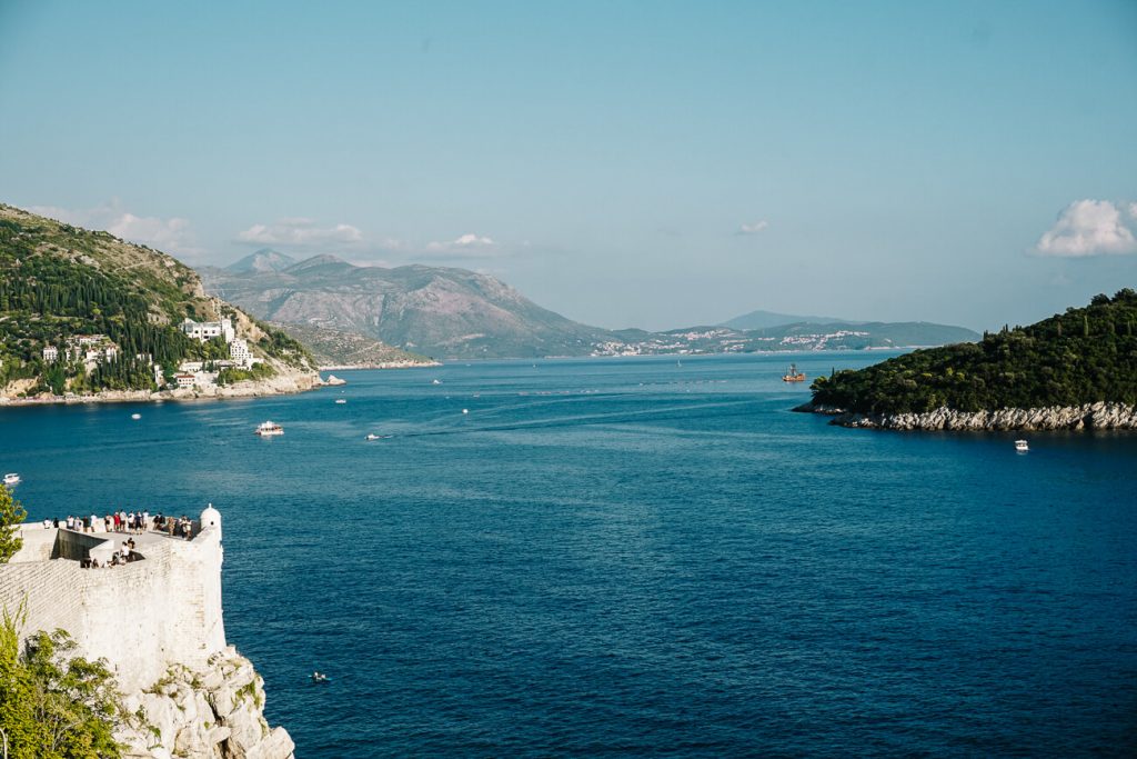 view from city wall over sea in Dubrovnik, at the Dalmatian coast of Croatia