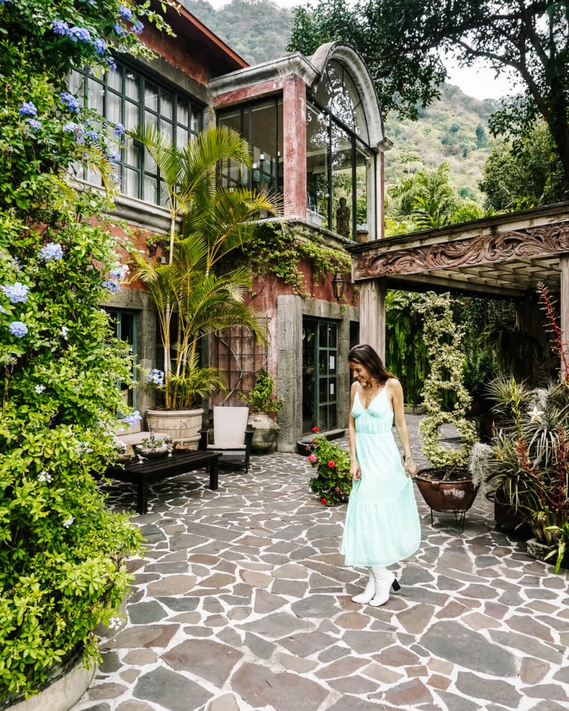 Deborah in front of Casa Prana, one of the most beautiful hotels around Lake Atilan Guatemala