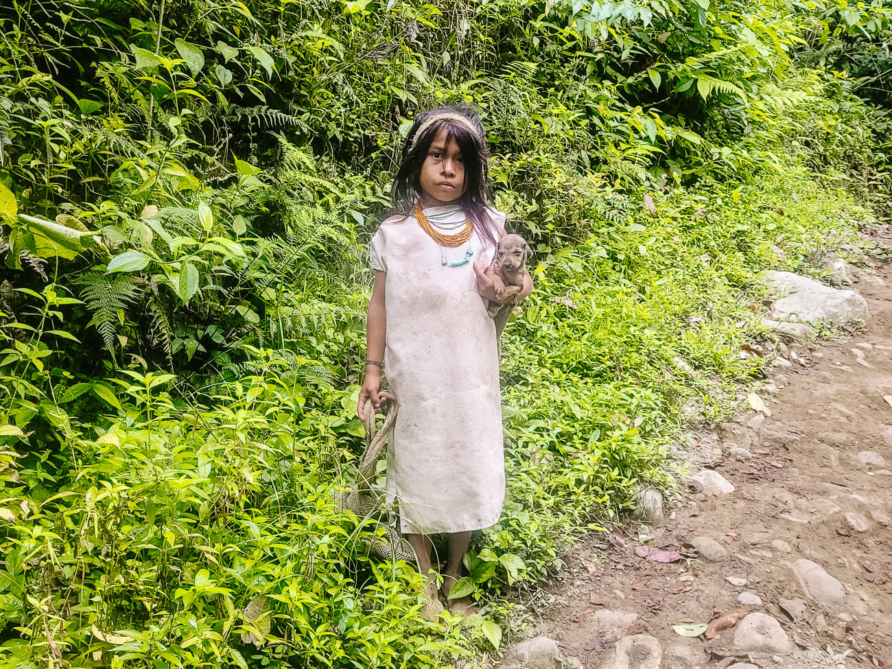 indigenous girl with dog in Sierra Nevada de Colombia