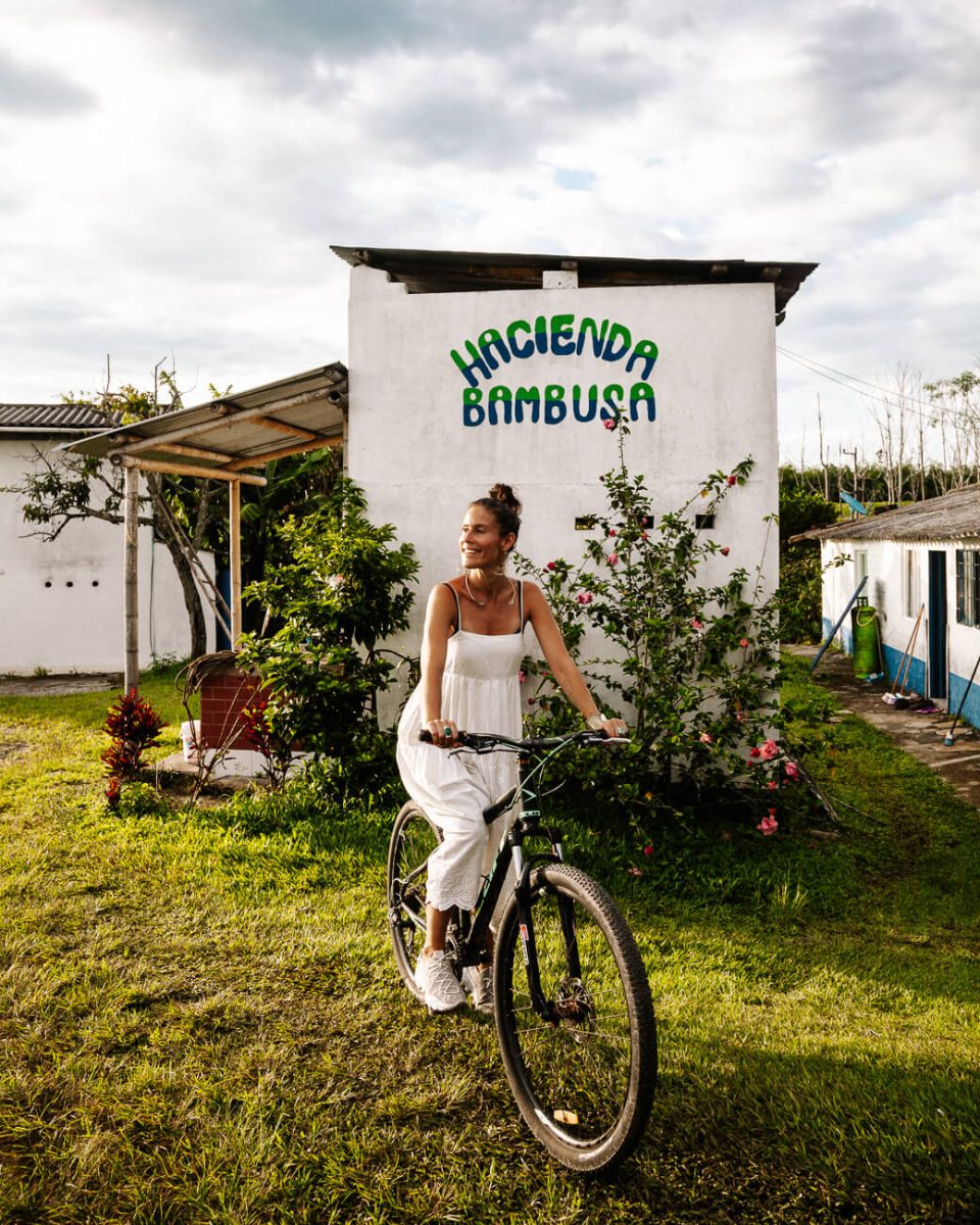 Deborah on bicicle in Colombia coffee region