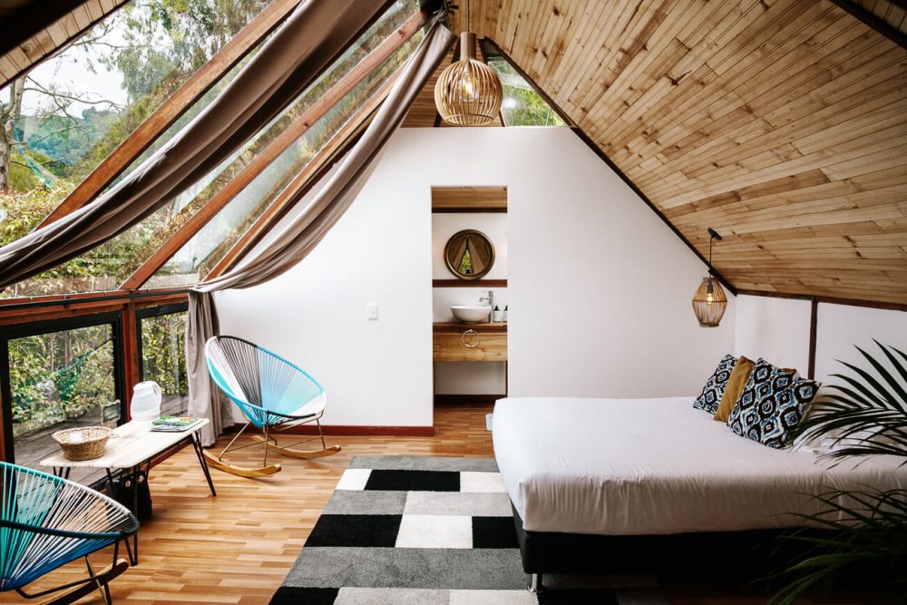 interior of tent on Lumbre glamping near Salento Colombia
