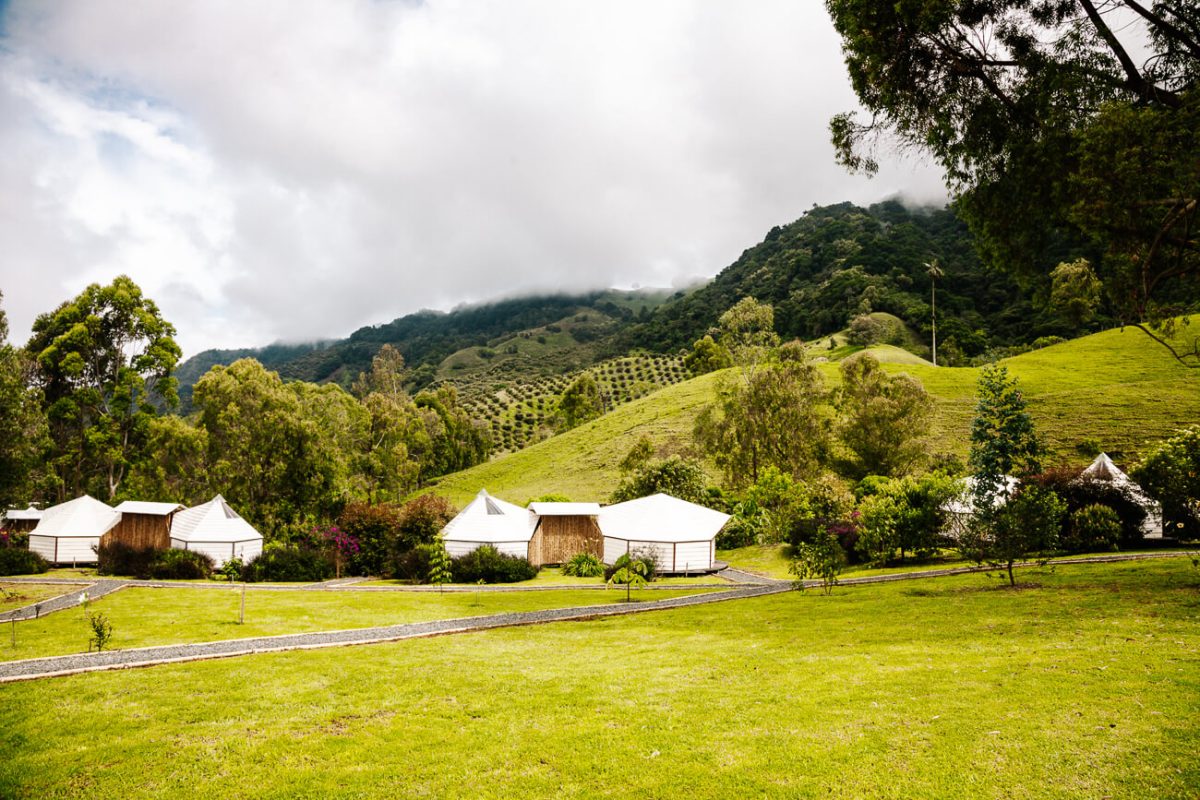 view of Lumbre glamping near Salento in Colombia