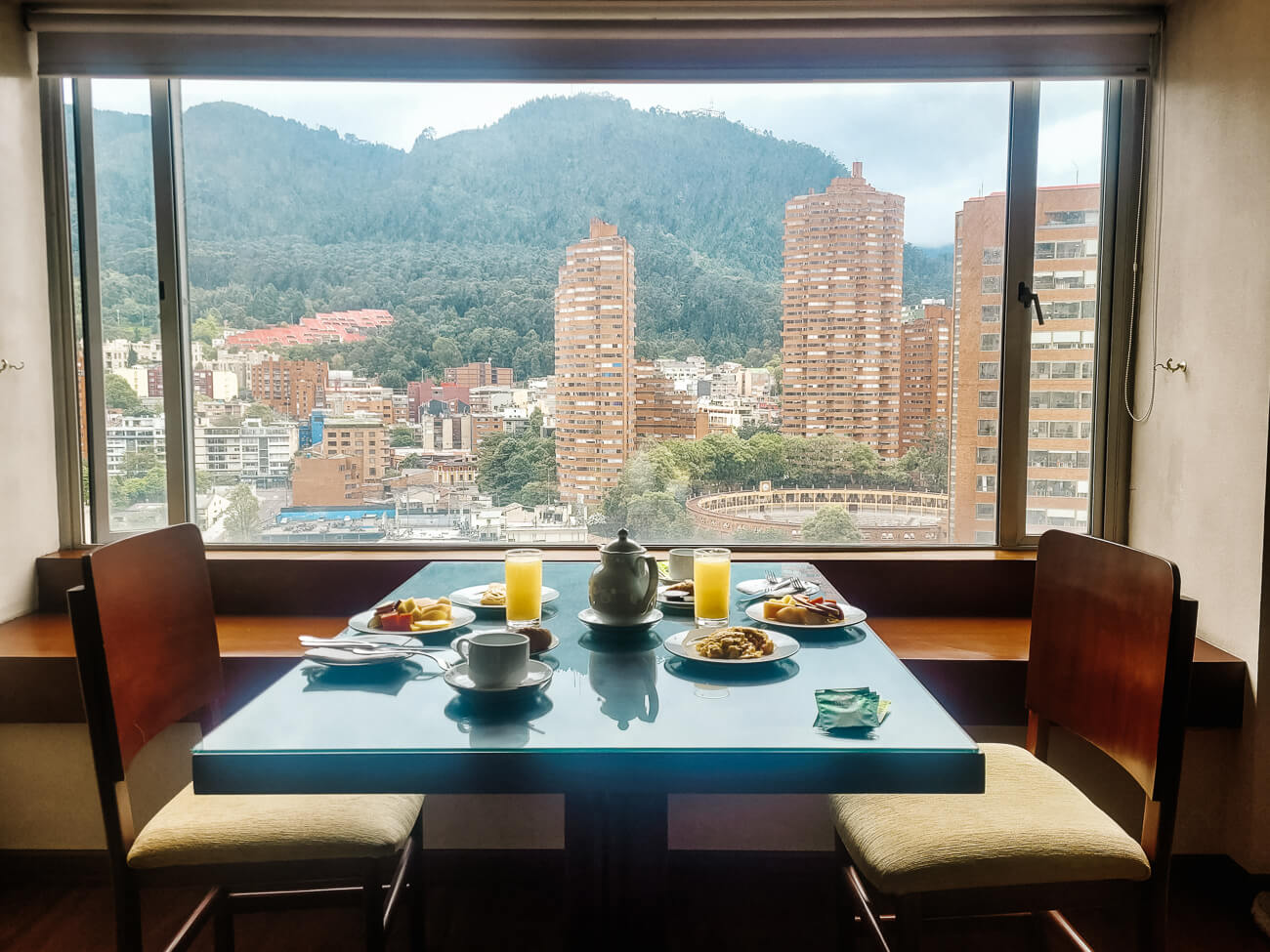 breakfast in room with view from Tequendama Suites hotel in Bogota