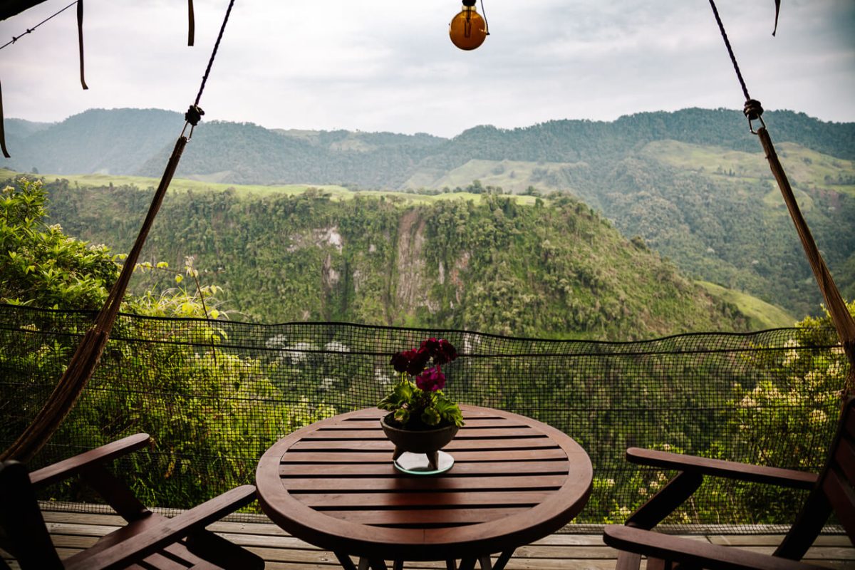balcony at el nido del condor ecolodge, one of the best places to stay in the coffee region in Colombia