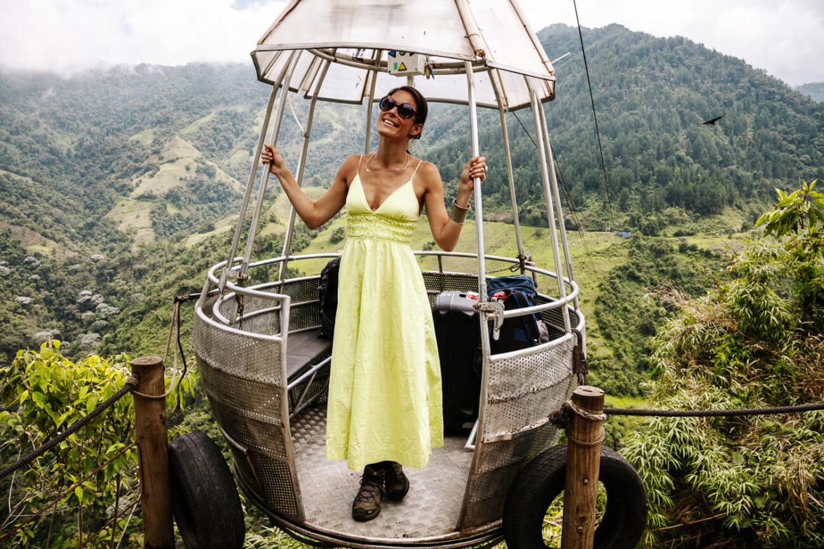 deborah in cable car to el Nido del condor in Colombia