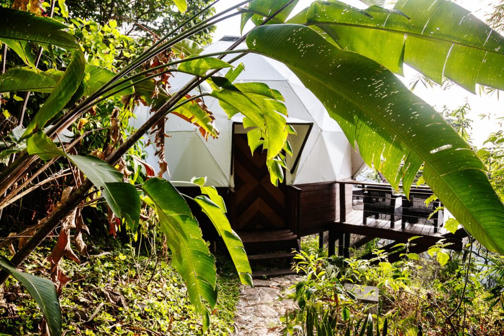 white dome surrounded by greenery at Trekker Glamping Minca Colombia