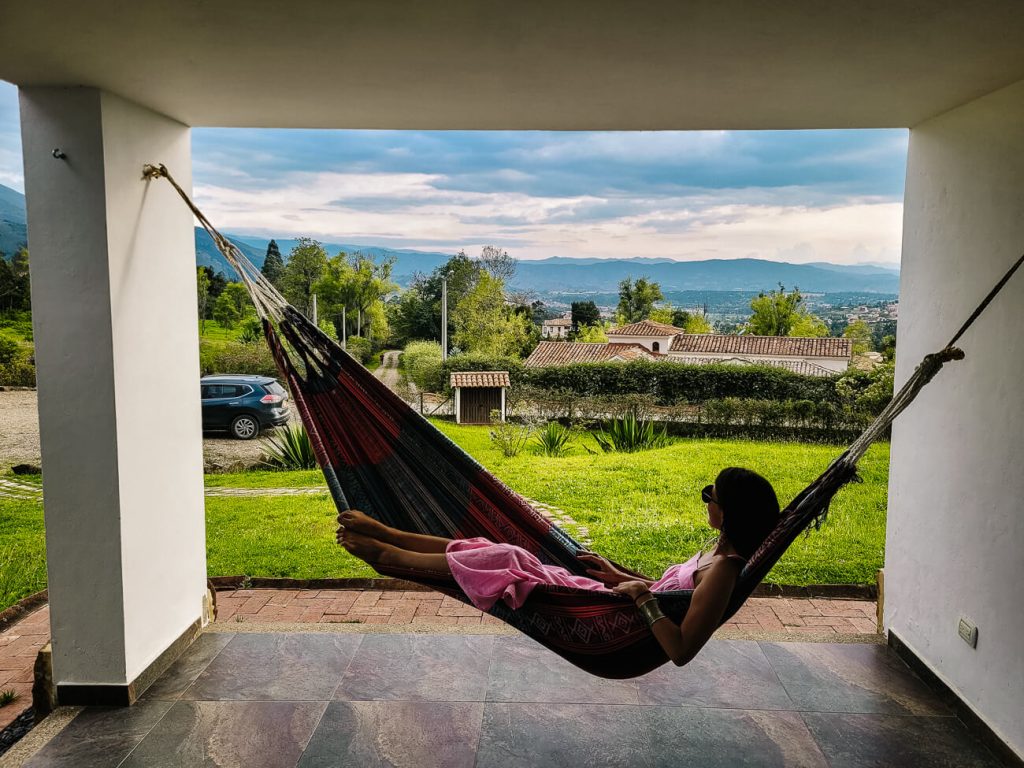 Deborah in hammock at Hichatana & Zuetana, a country house and hotel to stay overnight around Villa de Leyva