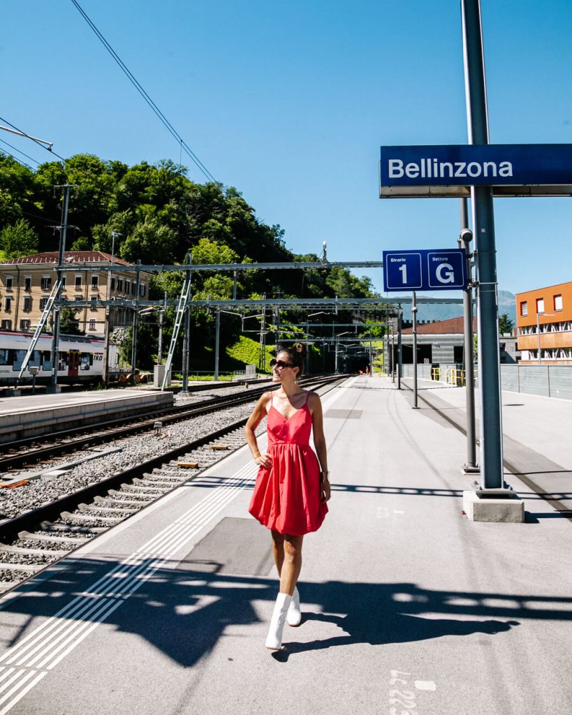 Deborah at trainstation in Bellinzona in Ticino Zwitserland
