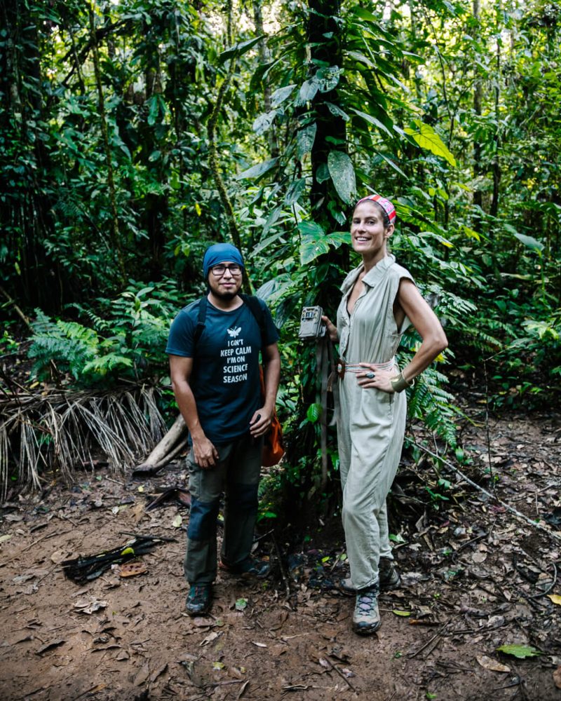 Deborah en Gabriel van Wired Amazon en Rainforest Expeditions plaatsen een camera in Amazone van peru