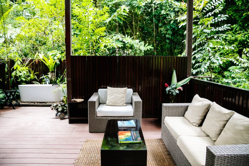 Outside terrace at Tambopata Research Center - jungle lodge Peru by Rainforest Expeditions.