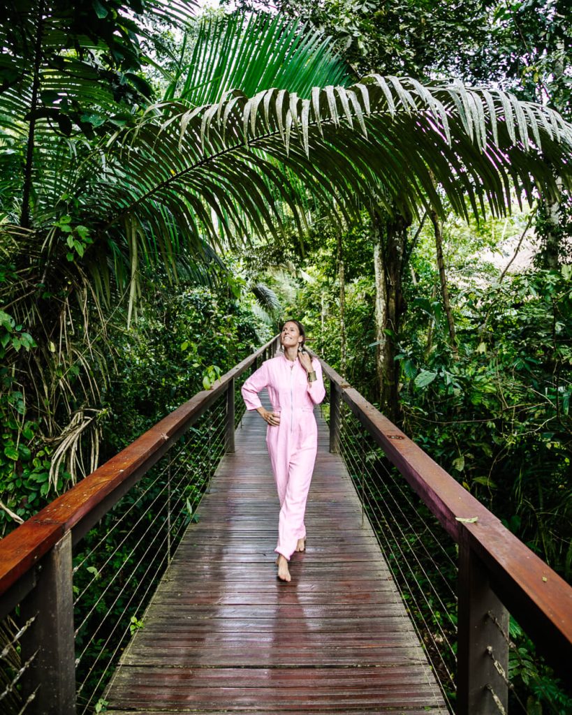 Deborah on boardwalk at Tambopata Research Center - jungle lodge by Rainforest Expeditions.