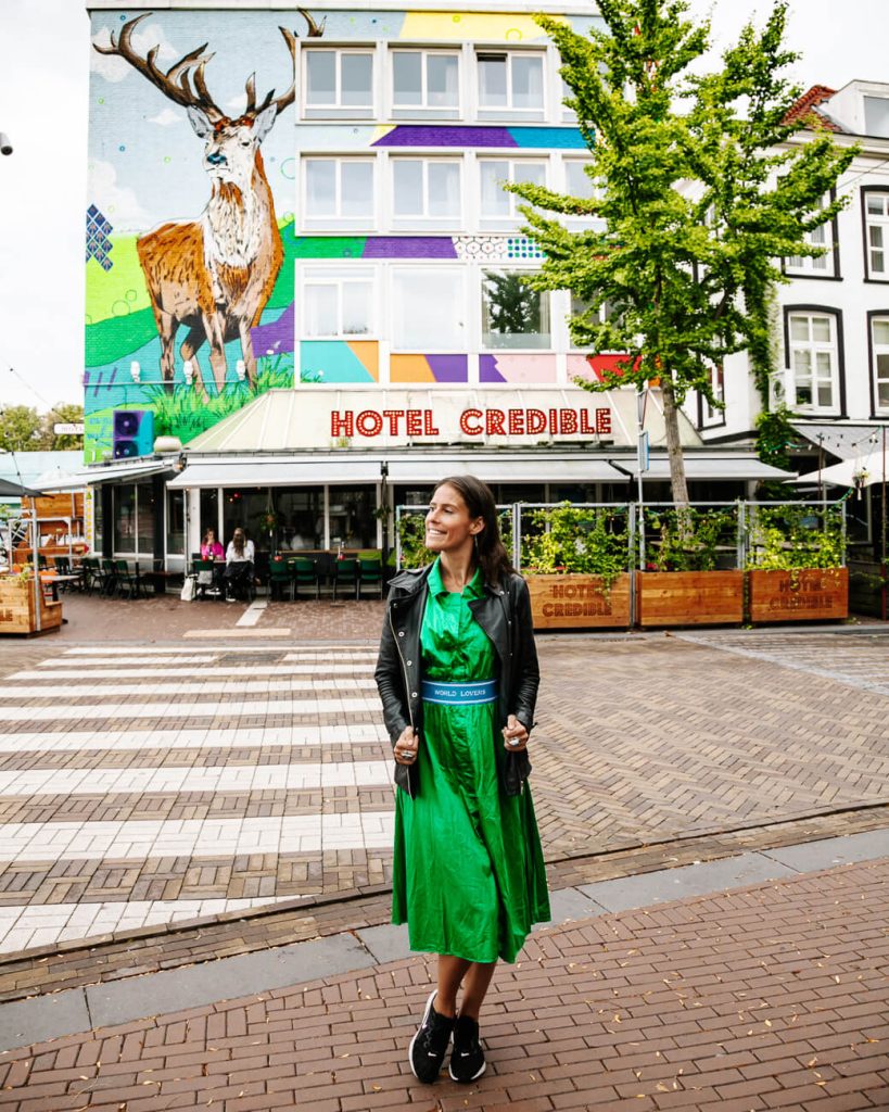 Deborah in front of Hotel Credible, in the center of Nijmegen