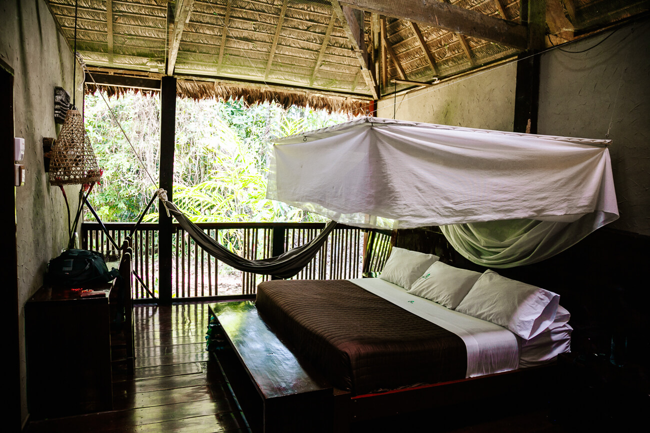 kamer zonder raam met blik op jungle met grote bedden bij Posada Amazonas - jungle lodge Tambopata Peru van Rainforest Expeditions