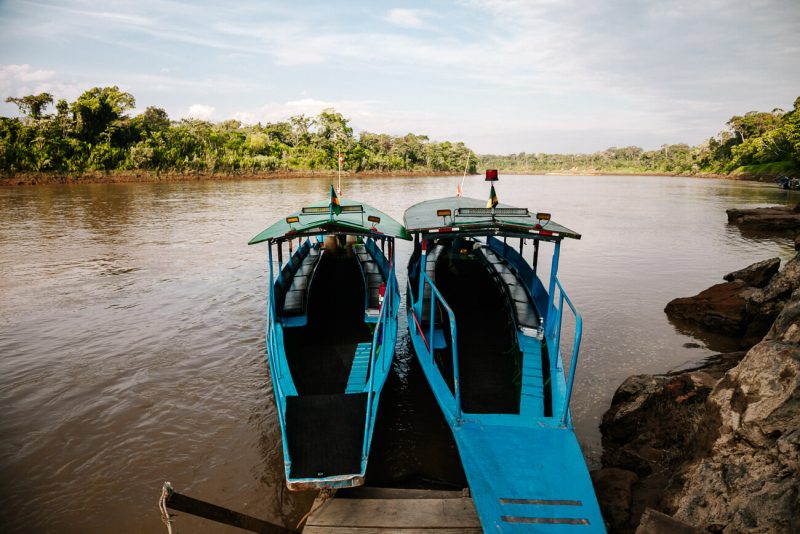 Boats on Rio Tambopata in Amazon rainforest in Peru.