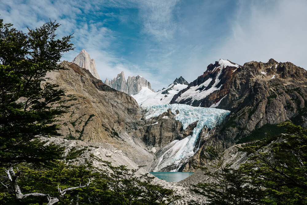 Piedras Blancas, a large glacier located in the northern part of the Fitz Roy massif, one of the day hikes in El Chaltén Argentina.