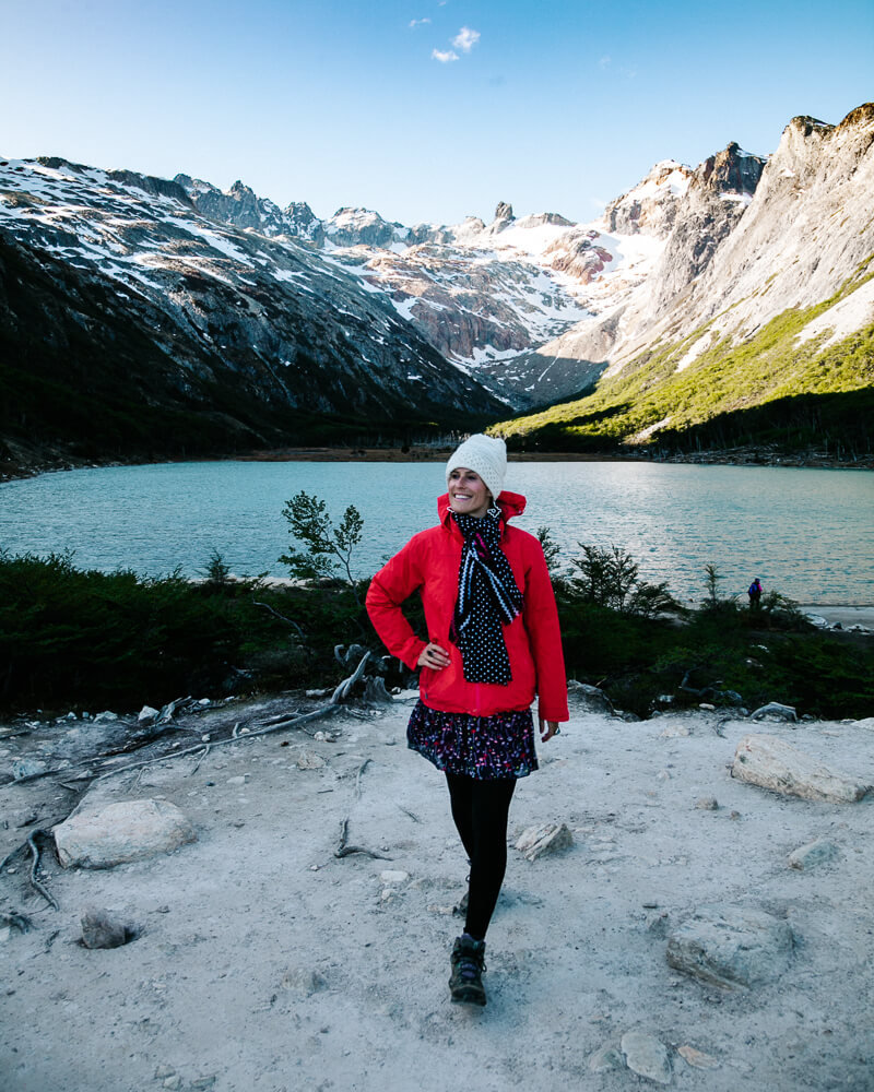 Deborah at Laguna Esmeralda, one of the best hikes - get inspired by my Ushuaia travel guide, with many tips and things to do.