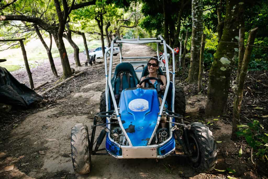 Deborah in buggy - one of the best ways to visit Laguna Verde along La Ruta de las Flores in El Salvador.