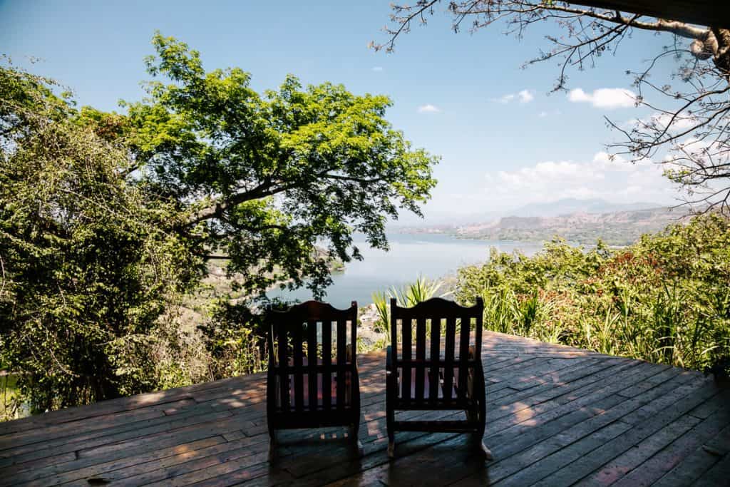 View of lake at restaurant and hotel Casa 1800 Suchitoto El Salvador.