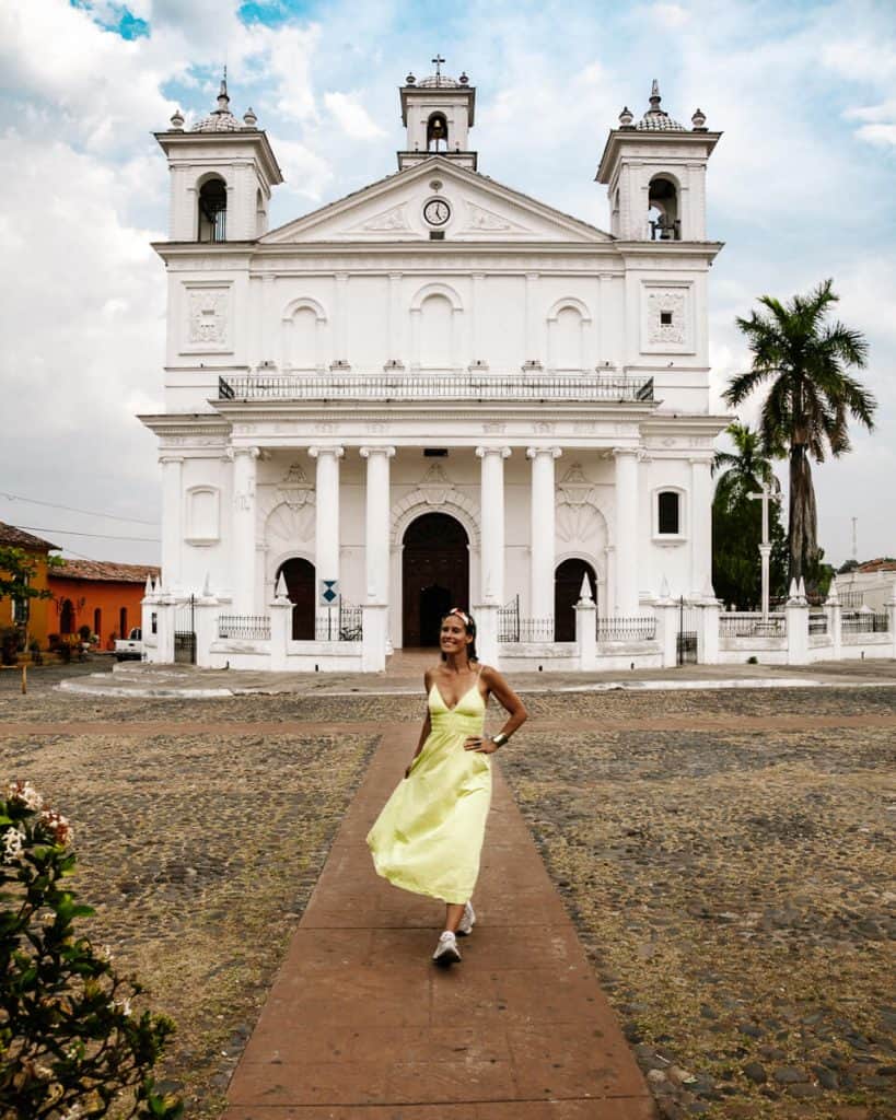 Deborah in front of cathedral - one of the best things to do in Suchitoto in El Salvador.