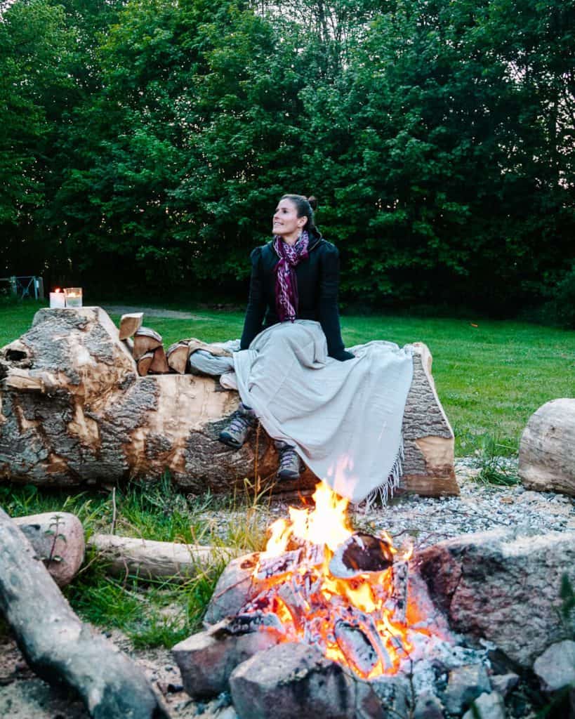 Deborah at campfire in Denmark.