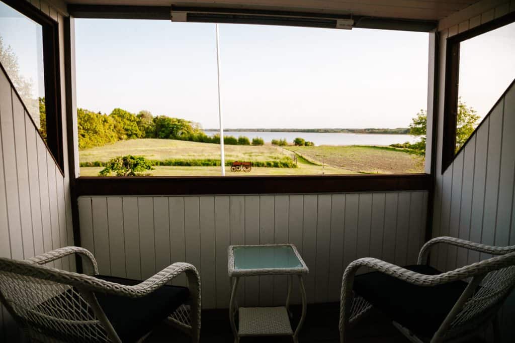 Terrace from room in Jungshoved Præstegaard, country house and hotel, located in Præstø, in the east of Zealand in Denmark.