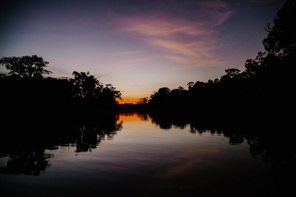 Amazone van Ecuador tijdens zonsondergang.