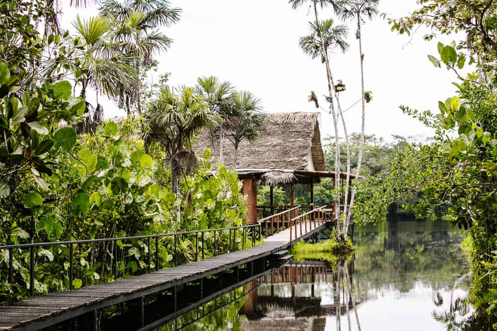 Sacha Lodge in Ecuador telt twee restaurants waaronder La Balsa, geheel van hout gemaakt, gelegen aan het Lago Pilchicocha.