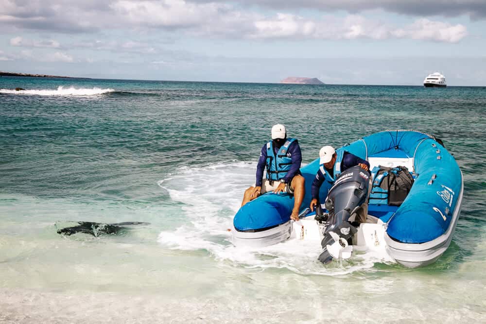 A dinghy will take you to your 4 day cruise on the Galapagos Islands in Ecuador.