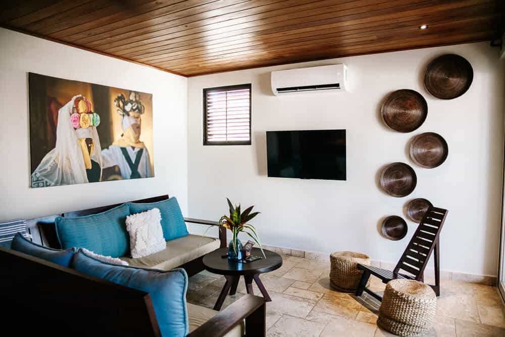 Living room in penthouse villa in The Lodge at Jaguar Reef in Belize.