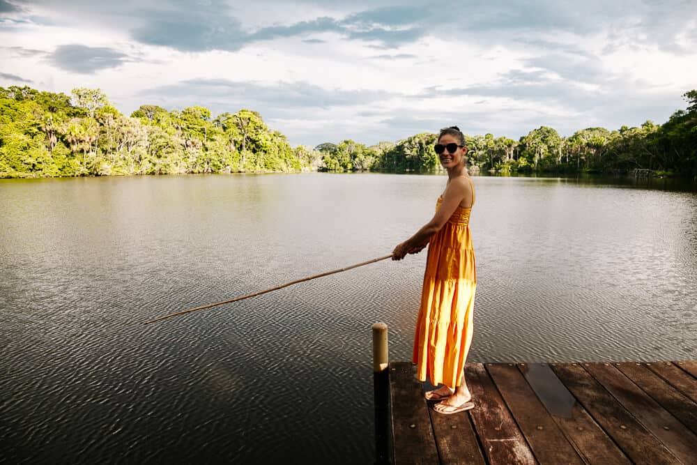 Deborah fishing piranhas.