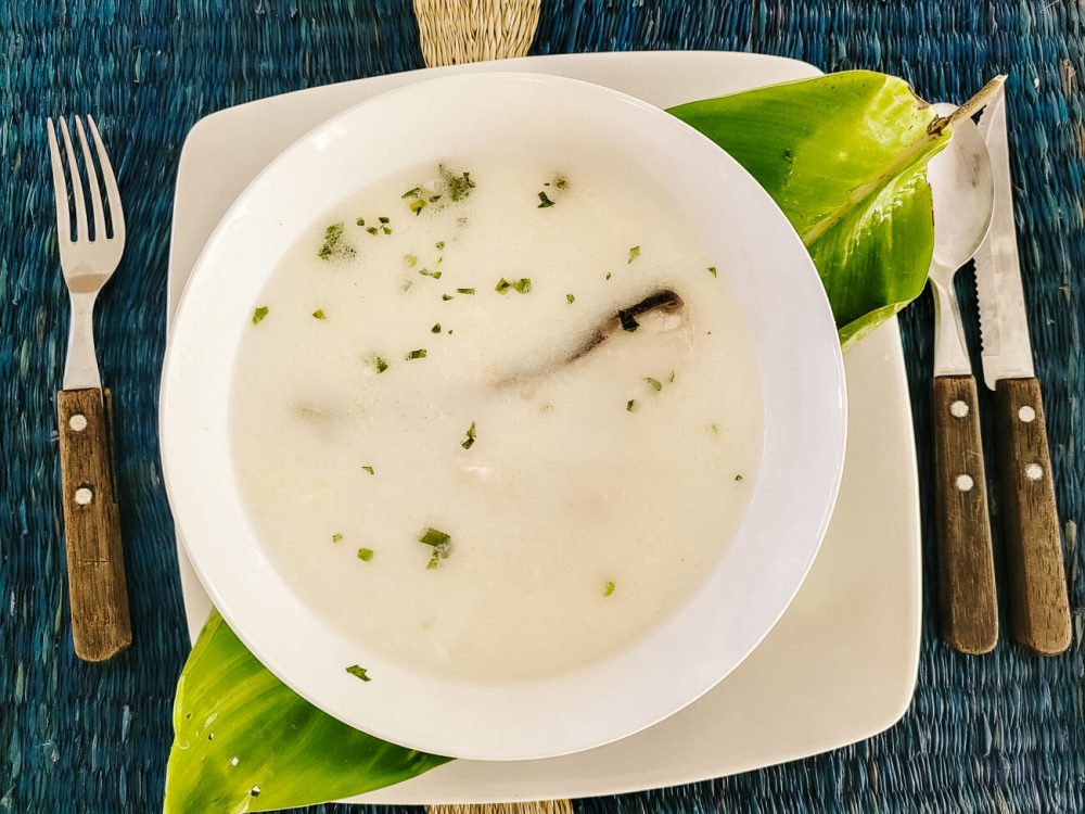 Fish soup during diner in Calanoa jungle lodge in thee Colombian Amazon
