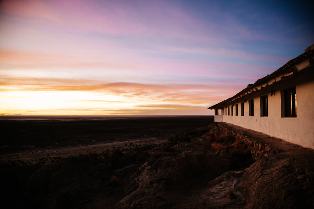 Sunset from Luna Salada salt hotel of Salar de Uyuni Bolivia.