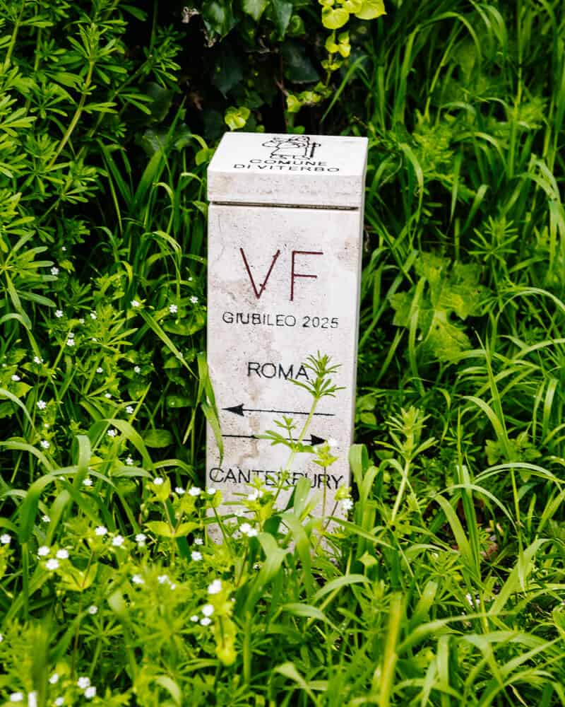 Via Francigena route signs during the hike from Viterbo to Rome.
